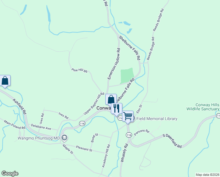 map of restaurants, bars, coffee shops, grocery stores, and more near 60 Baptist Hill Road in Conway