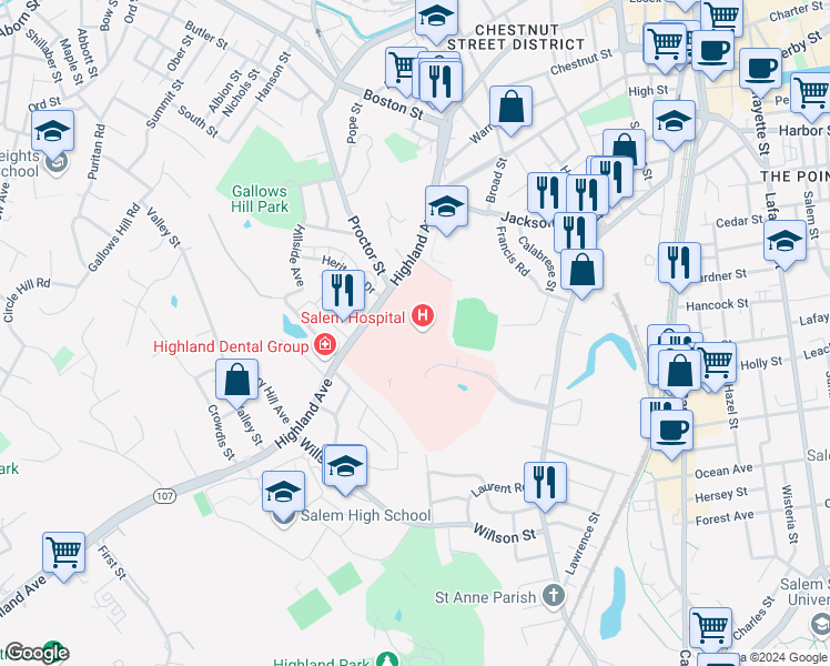 map of restaurants, bars, coffee shops, grocery stores, and more near 57 Highland Avenue in Salem
