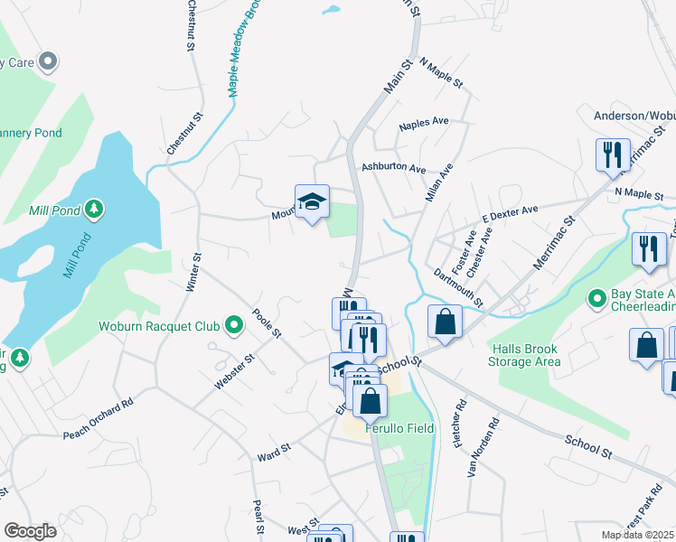 map of restaurants, bars, coffee shops, grocery stores, and more near 960 Main Street in Woburn