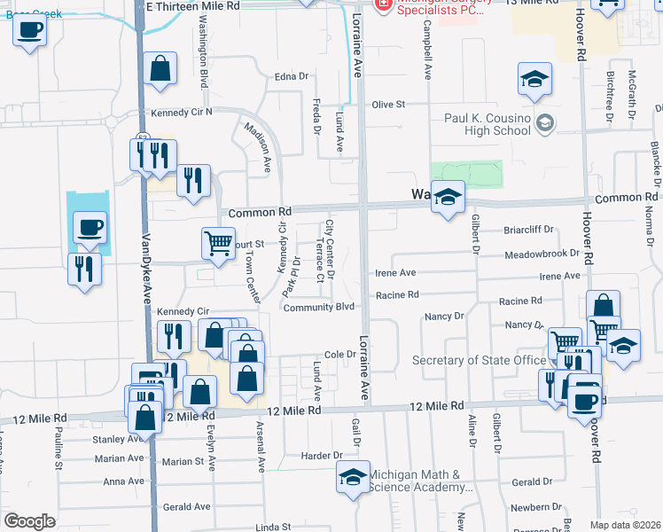 map of restaurants, bars, coffee shops, grocery stores, and more near 29768 City Center Drive in Warren