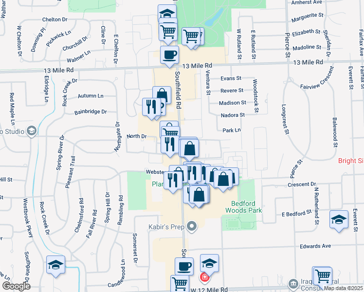 map of restaurants, bars, coffee shops, grocery stores, and more near 30161 Southfield Road in Southfield