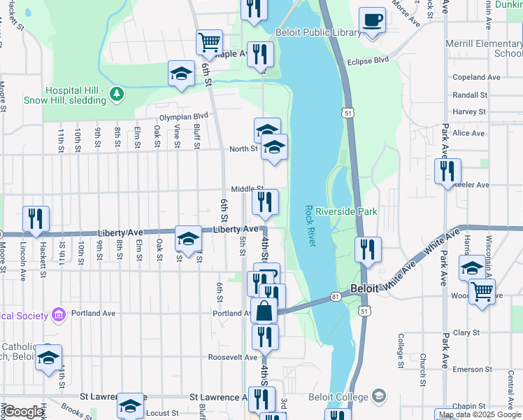 map of restaurants, bars, coffee shops, grocery stores, and more near 147 Liberty Avenue in Beloit