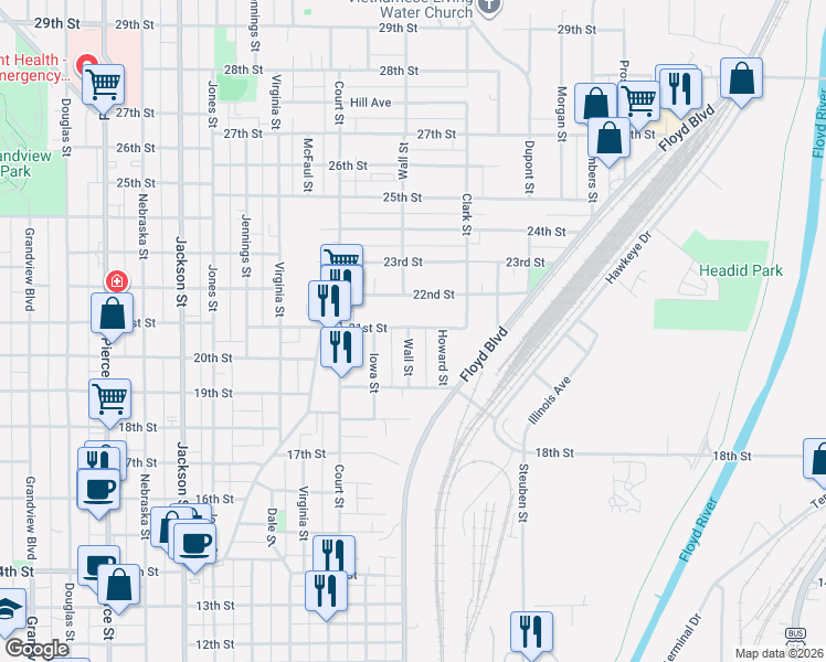 map of restaurants, bars, coffee shops, grocery stores, and more near 1900-2098 Wall St in Sioux City