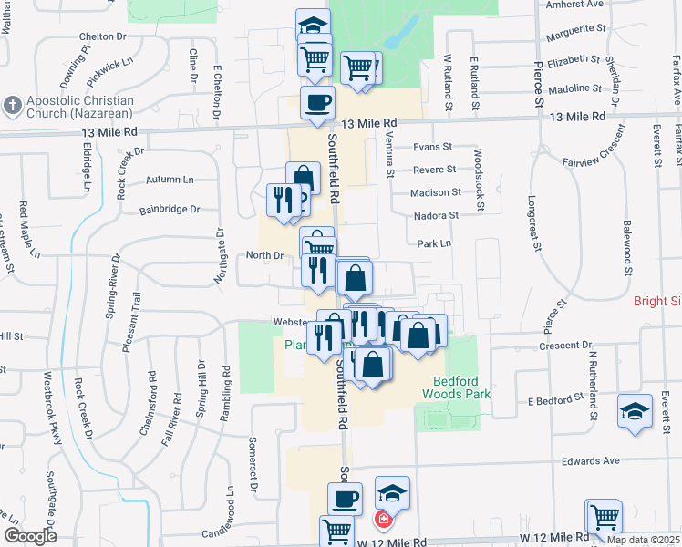 map of restaurants, bars, coffee shops, grocery stores, and more near 30161 Southfield Road in Southfield