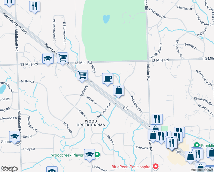 map of restaurants, bars, coffee shops, grocery stores, and more near 30500 Northwestern Highway in Farmington Hills