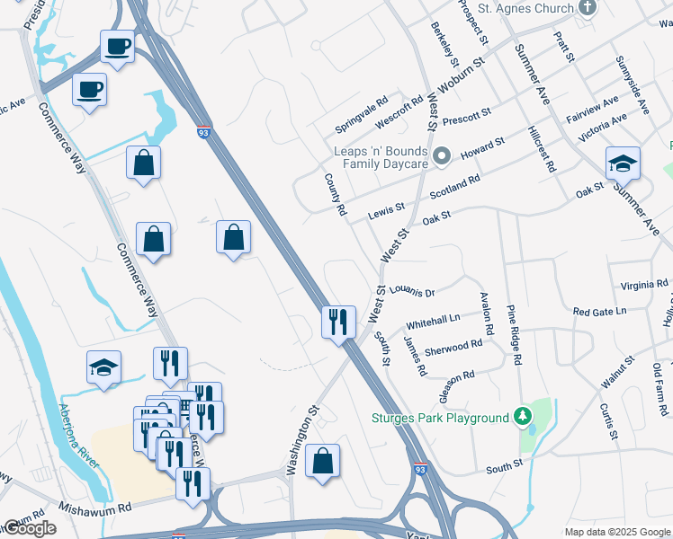 map of restaurants, bars, coffee shops, grocery stores, and more near 3 Archstone Circle in Reading