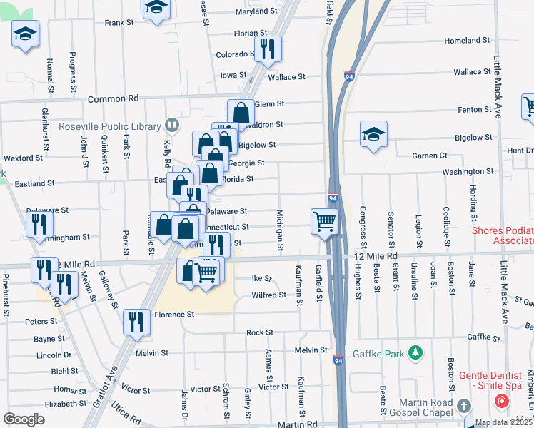 map of restaurants, bars, coffee shops, grocery stores, and more near 19316 Delaware Street in Roseville