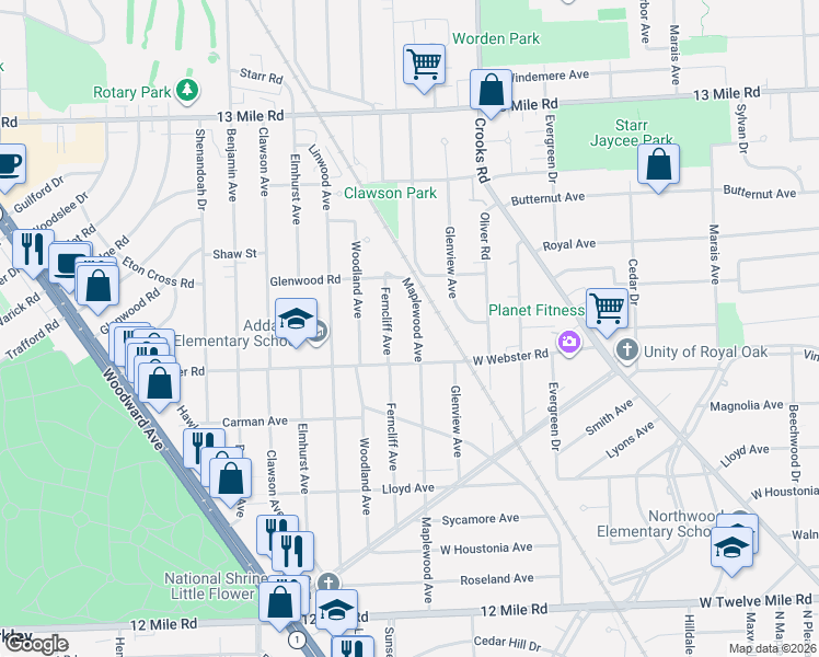 map of restaurants, bars, coffee shops, grocery stores, and more near 2517 Maplewood Avenue in Royal Oak
