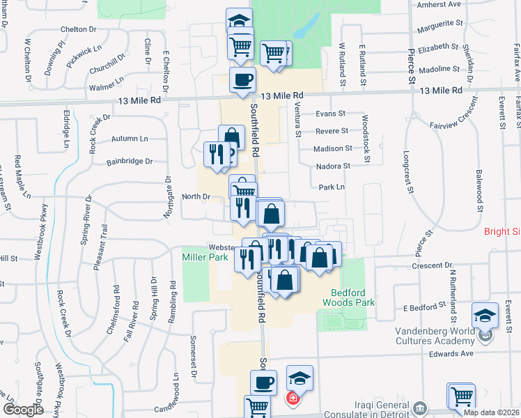 map of restaurants, bars, coffee shops, grocery stores, and more near 30161 Southfield Road in Southfield