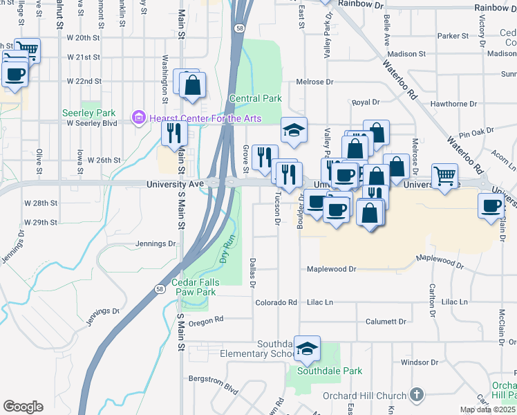 map of restaurants, bars, coffee shops, grocery stores, and more near 501 Idaho Road in Cedar Falls