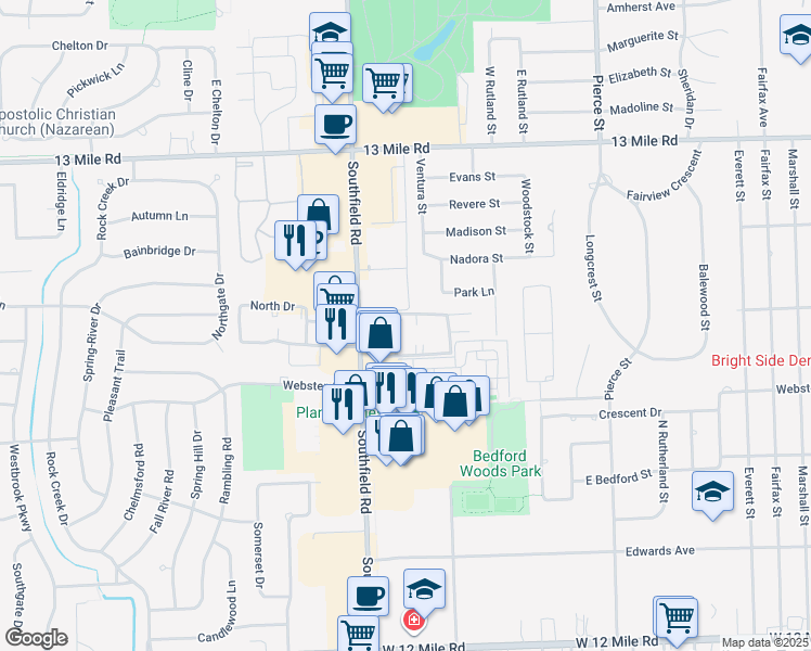 map of restaurants, bars, coffee shops, grocery stores, and more near 30272 Southfield Road in Southfield