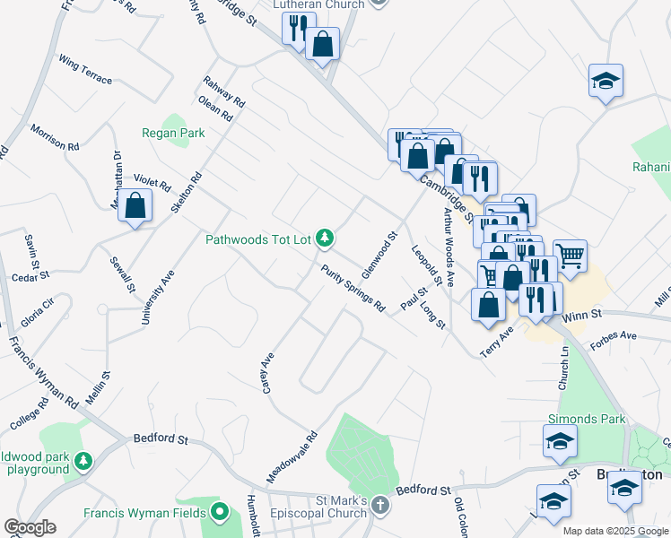 map of restaurants, bars, coffee shops, grocery stores, and more near 36 Purity Springs Road in Burlington