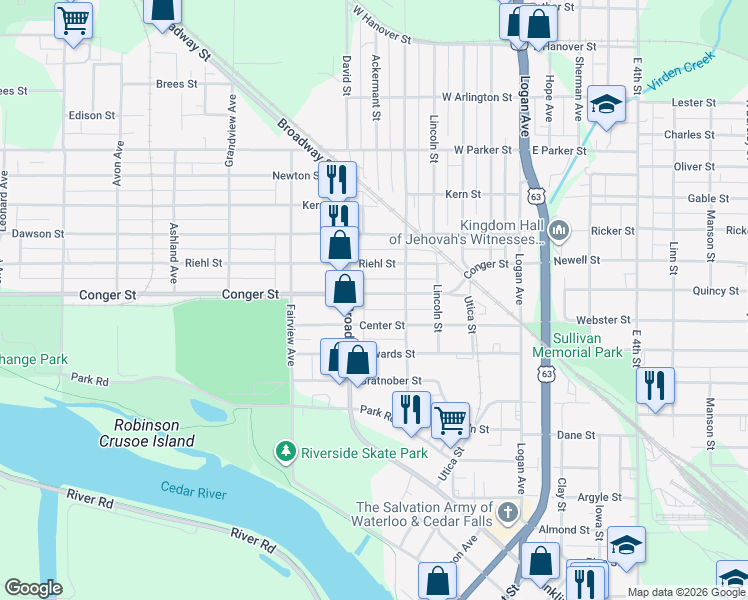 map of restaurants, bars, coffee shops, grocery stores, and more near 442 Center Street in Waterloo