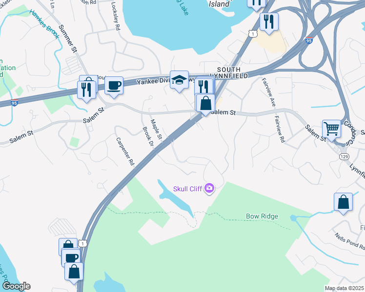 map of restaurants, bars, coffee shops, grocery stores, and more near 385 Broadway in Lynnfield