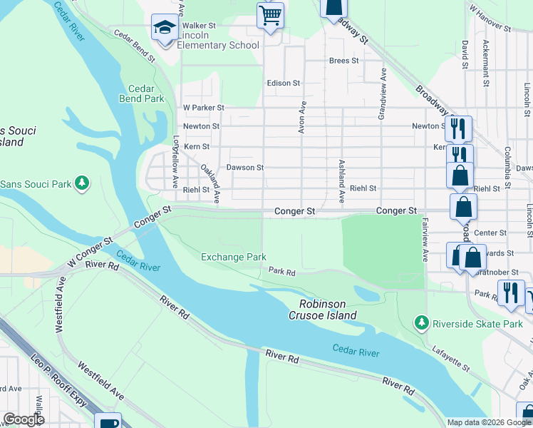map of restaurants, bars, coffee shops, grocery stores, and more near 604 Burton Avenue in Waterloo