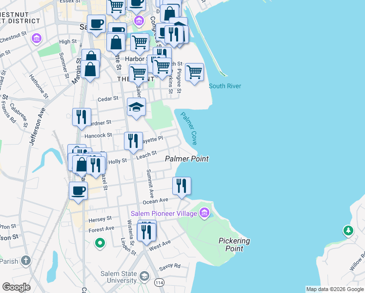 map of restaurants, bars, coffee shops, grocery stores, and more near 104 Leach Street in Salem