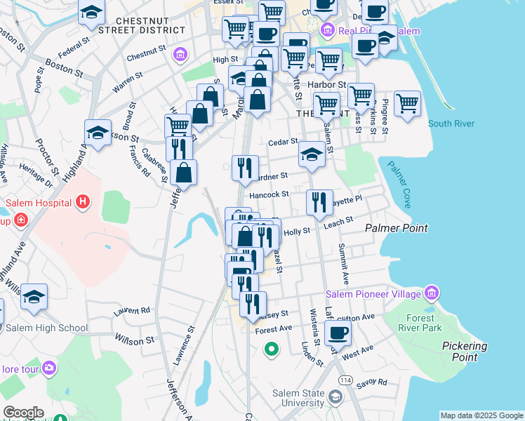 map of restaurants, bars, coffee shops, grocery stores, and more near 1 Hazel Street in Salem