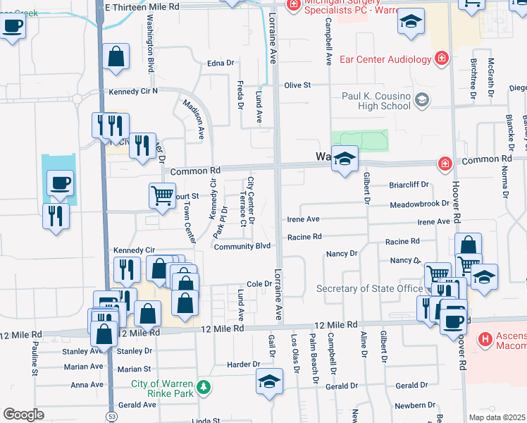 map of restaurants, bars, coffee shops, grocery stores, and more near 29768 City Center Drive in Warren