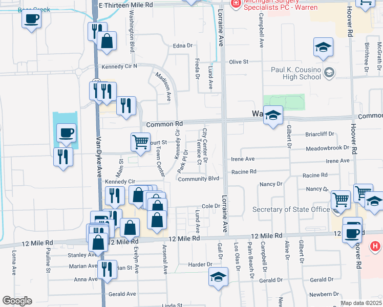 map of restaurants, bars, coffee shops, grocery stores, and more near 29642 Terrace Court in Warren