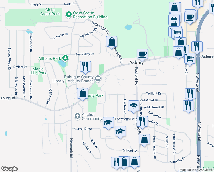 map of restaurants, bars, coffee shops, grocery stores, and more near 5295 Valley Forge Road in Asbury