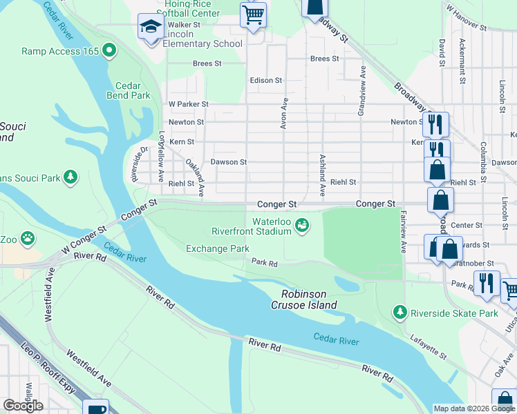 map of restaurants, bars, coffee shops, grocery stores, and more near 500 Burton Avenue in Waterloo