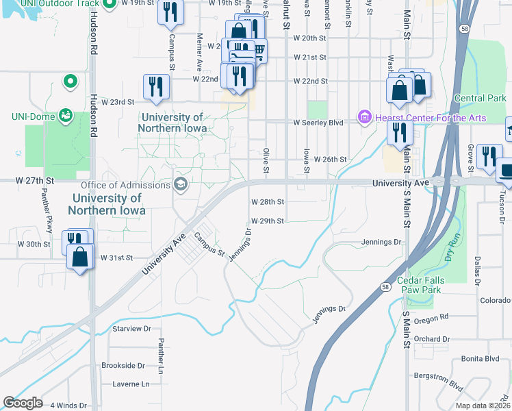 map of restaurants, bars, coffee shops, grocery stores, and more near 2824 College Street in Cedar Falls