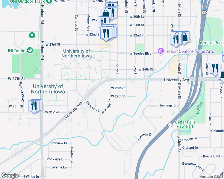map of restaurants, bars, coffee shops, grocery stores, and more near 2824 College Street in Cedar Falls