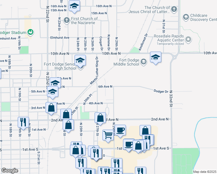map of restaurants, bars, coffee shops, grocery stores, and more near 549-559 N 28th St in Fort Dodge