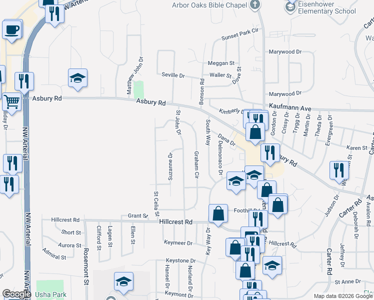 map of restaurants, bars, coffee shops, grocery stores, and more near 2238 Saint John Drive in Dubuque