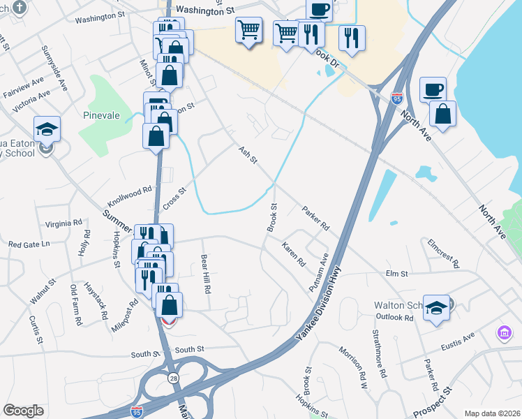 map of restaurants, bars, coffee shops, grocery stores, and more near 32 Brook Street in Wakefield