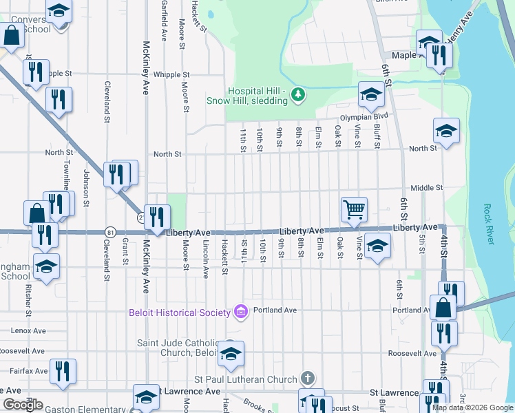 map of restaurants, bars, coffee shops, grocery stores, and more near 825 Liberty Avenue in Beloit