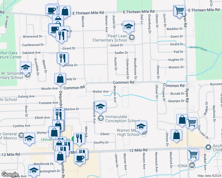 map of restaurants, bars, coffee shops, grocery stores, and more near 2451 Walter Avenue in Warren