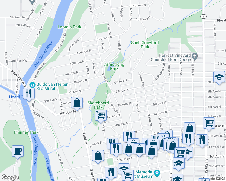 map of restaurants, bars, coffee shops, grocery stores, and more near 716 7th Avenue North in Fort Dodge