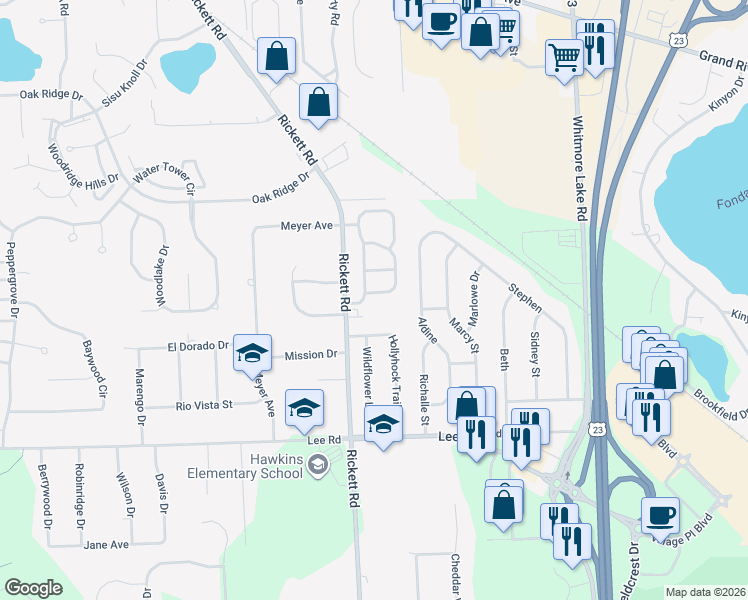 map of restaurants, bars, coffee shops, grocery stores, and more near 6365 Hollyhock Trail in Brighton