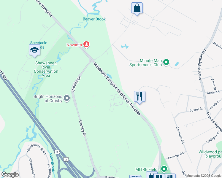 map of restaurants, bars, coffee shops, grocery stores, and more near 54 Middlesex Turnpike in Bedford