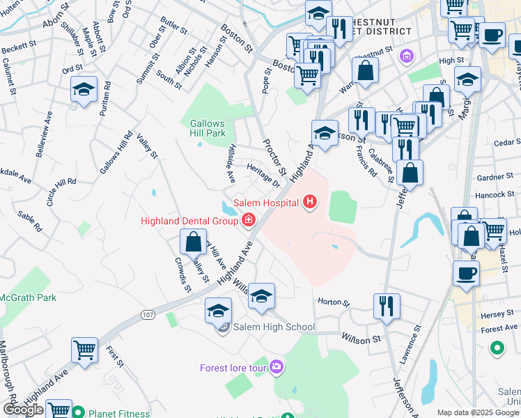 map of restaurants, bars, coffee shops, grocery stores, and more near 84 Highland Avenue in Salem
