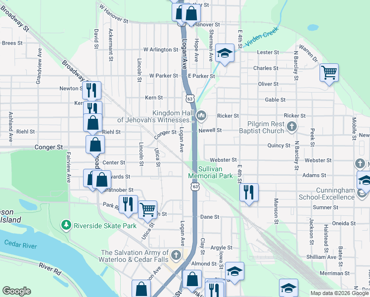 map of restaurants, bars, coffee shops, grocery stores, and more near E Mullan Ave in Waterloo