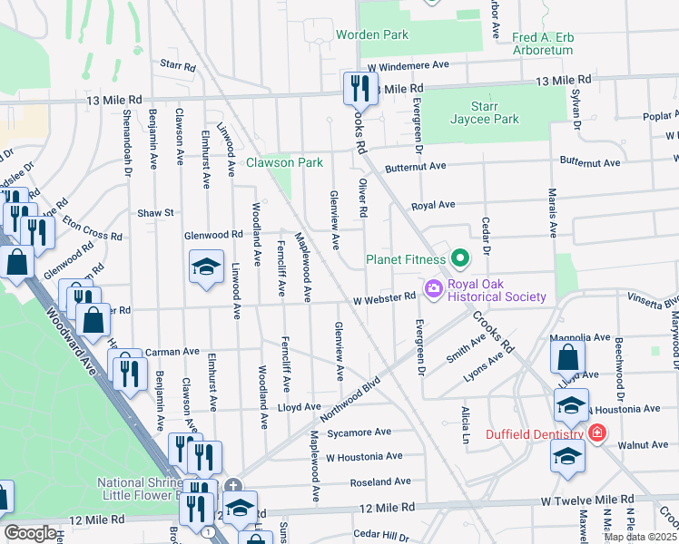 map of restaurants, bars, coffee shops, grocery stores, and more near 1804 West Webster Road in Royal Oak