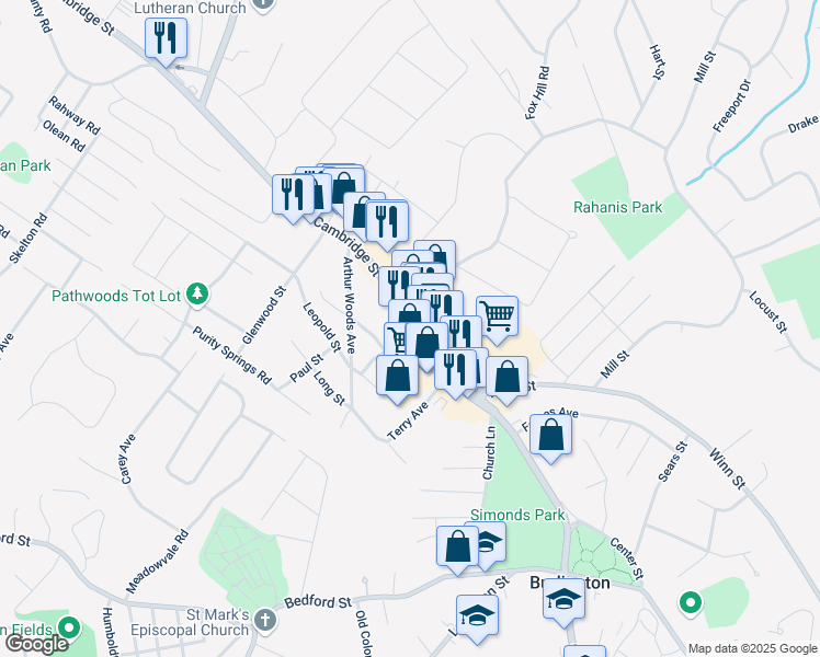map of restaurants, bars, coffee shops, grocery stores, and more near 214 Cambridge Street in Burlington