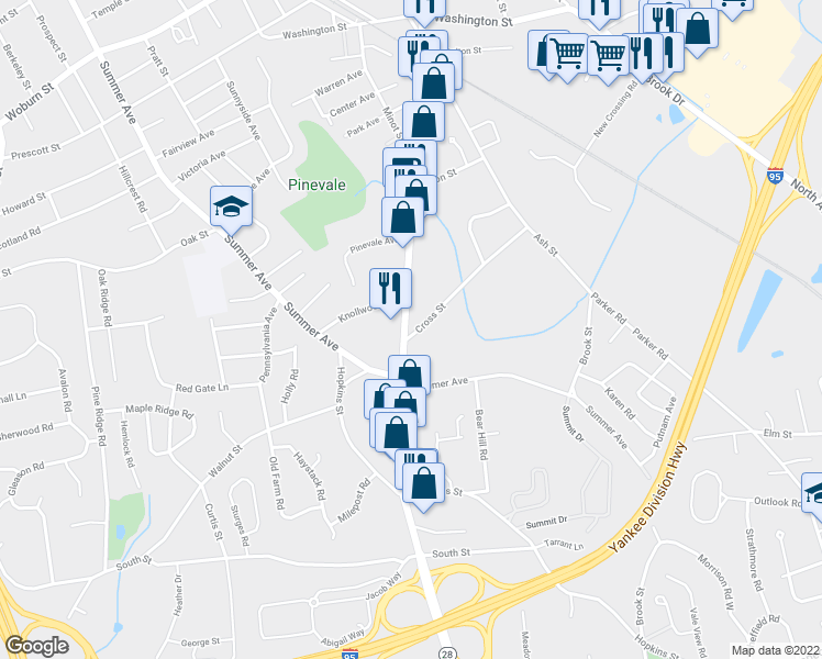map of restaurants, bars, coffee shops, grocery stores, and more near 211 Main Street in Reading