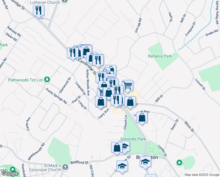 map of restaurants, bars, coffee shops, grocery stores, and more near 214 Cambridge Street in Burlington