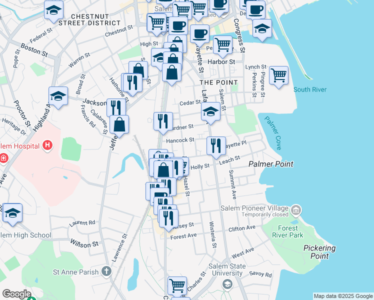 map of restaurants, bars, coffee shops, grocery stores, and more near 1 Hazel Street in Salem