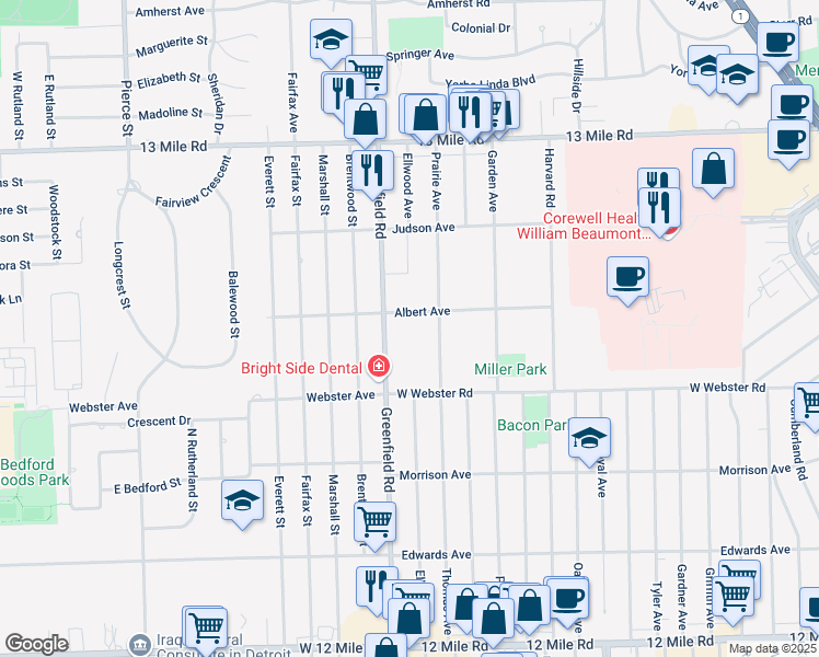 map of restaurants, bars, coffee shops, grocery stores, and more near 3107 Prairie Avenue in Royal Oak