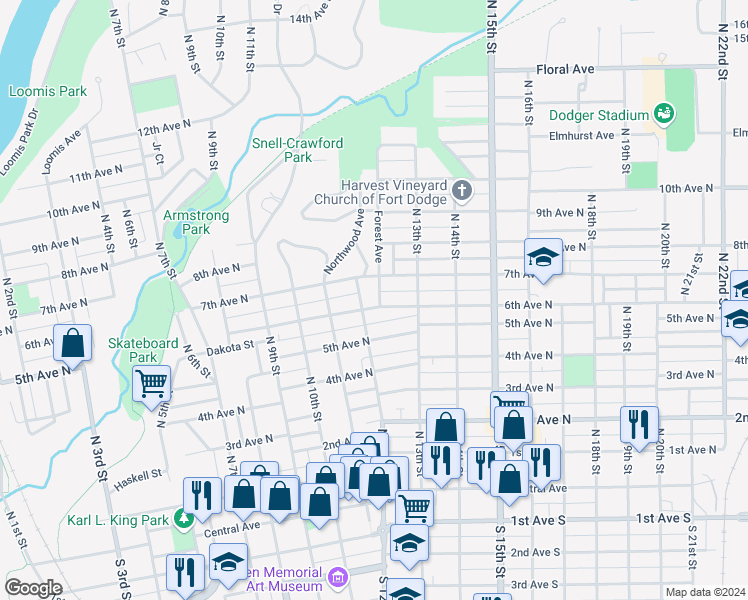 map of restaurants, bars, coffee shops, grocery stores, and more near 520 North 12th Street in Fort Dodge