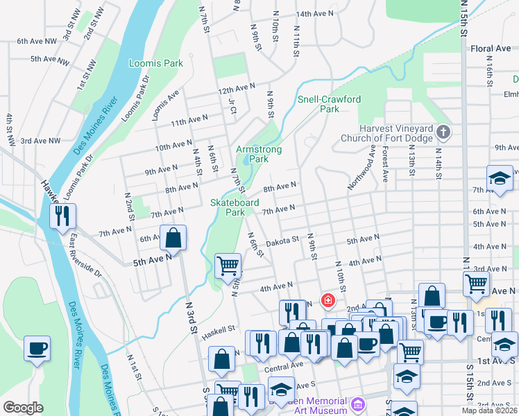 map of restaurants, bars, coffee shops, grocery stores, and more near 632 7th Avenue North in Fort Dodge