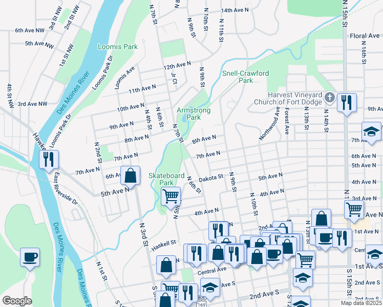 map of restaurants, bars, coffee shops, grocery stores, and more near 632 7th Avenue North in Fort Dodge