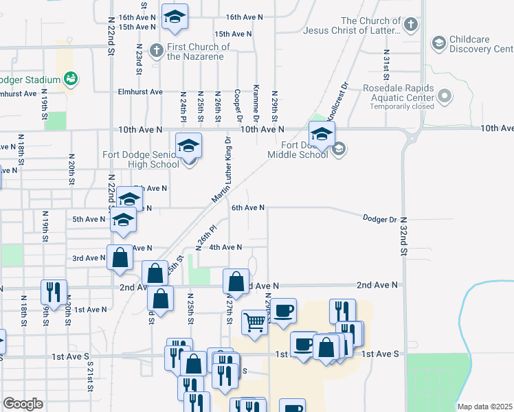 map of restaurants, bars, coffee shops, grocery stores, and more near 559 North 28th Street in Fort Dodge