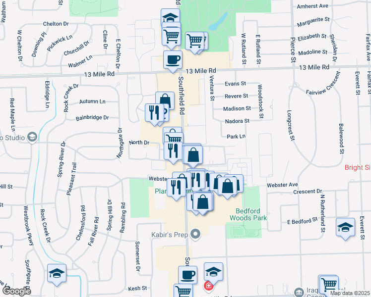 map of restaurants, bars, coffee shops, grocery stores, and more near 30260 Southfield Road in Southfield