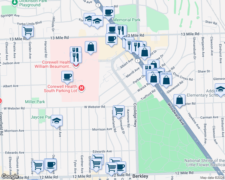 map of restaurants, bars, coffee shops, grocery stores, and more near 3245 Parker Drive in Royal Oak