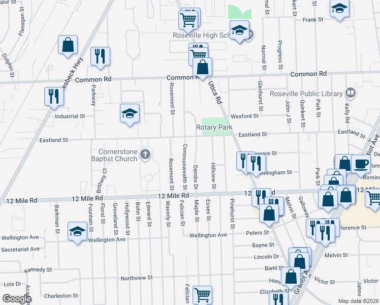 map of restaurants, bars, coffee shops, grocery stores, and more near 29207 Commonwealth Street in Roseville